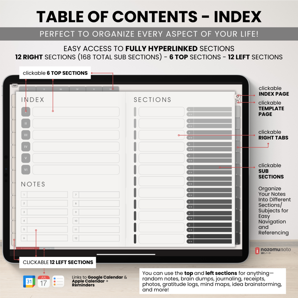 Digital Notebook V2 Landscape Yume Noto NozomuNoto Japanese Multipurpose Minimalist ADHD Bullet Journal Hyperlinked PDF Goodnotes Notability Android Tablet iPad Student Study Teacher Travel Cornell Grid Lines Dotted Template Noteshelf Samsung Xodo