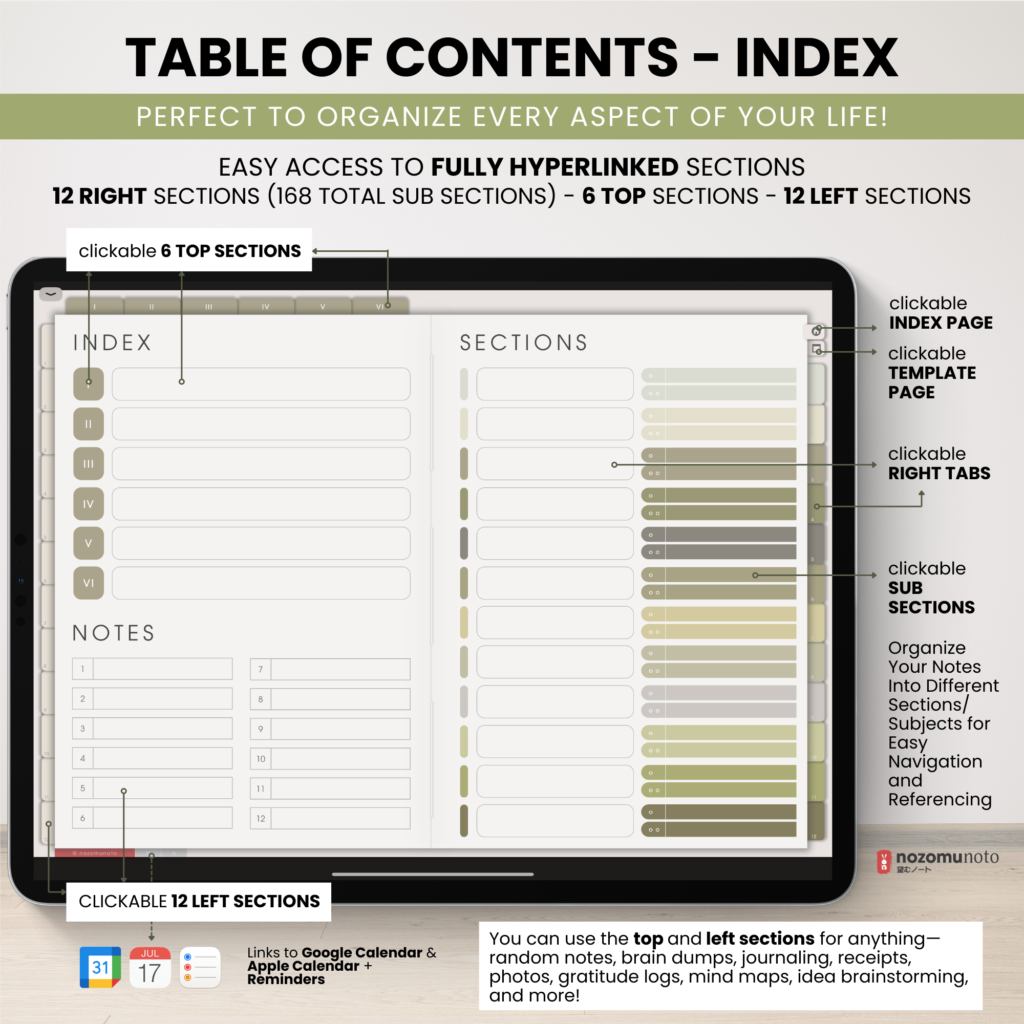 Digital Notebook V2 Landscape Yume Noto NozomuNoto Japanese Multipurpose Minimalist ADHD Bullet Journal Hyperlinked PDF Goodnotes Notability Android Tablet iPad Student Study Teacher Travel Cornell Grid Lines Dotted Template Noteshelf Samsung Xodo