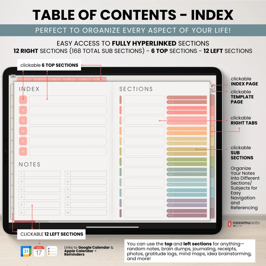 Digital Notebook V2 Landscape Light Garden index page preview.