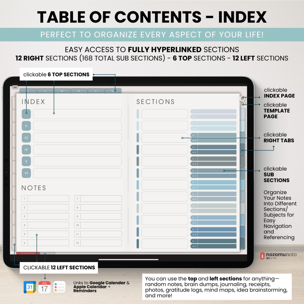 Digital Notebook V2 Landscape Yume Noto NozomuNoto Japanese Multipurpose Minimalist ADHD Bullet Journal Hyperlinked PDF Goodnotes Notability Android Tablet iPad Student Study Teacher Travel Cornell Grid Lines Dotted Template Noteshelf Samsung Xodo