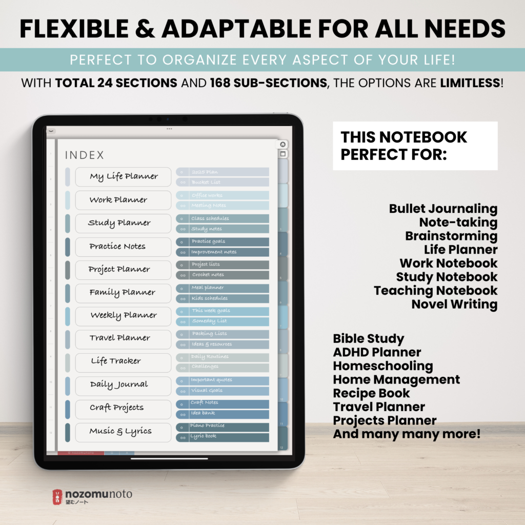 Digital Notebook V2 Yume Noto NozomuNoto Japanese Multipurpose Minimalist ADHD Bullet Journal Hyperlinked PDF Goodnotes Notability Android Tablet iPad Student Study Teacher Travel Cornell Grid Lines Dotted Template Noteshelf Noteful Kilonotes Collanote Zoomnotes Samsung Xodo