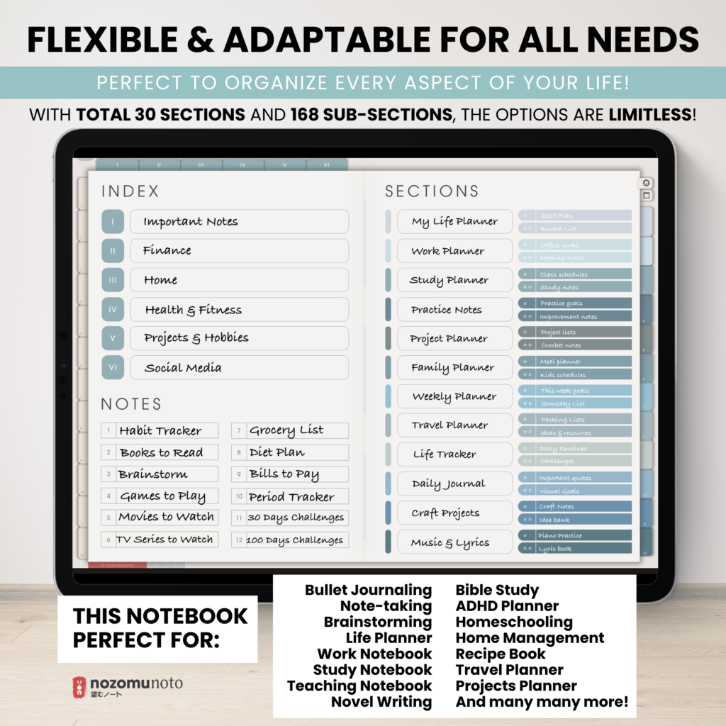 Digital Notebook V2 Landscape Yume Noto NozomuNoto Japanese Multipurpose Minimalist ADHD Bullet Journal Hyperlinked PDF Goodnotes Notability Android Tablet iPad Student Study Teacher Travel Cornell Grid Lines Dotted Template Noteshelf Samsung Xodo