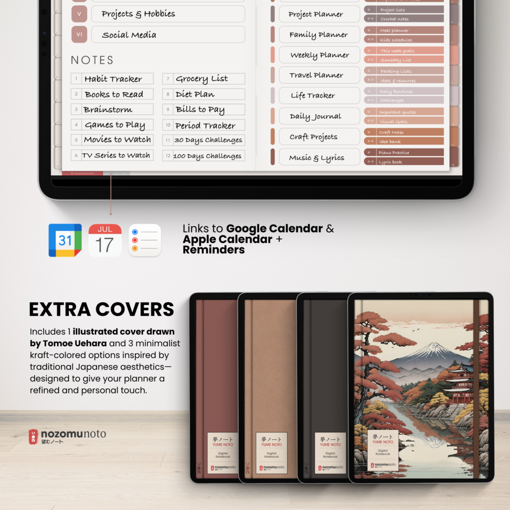 Digital Notebook V2 Landscape Yume Noto NozomuNoto Japanese Multipurpose Minimalist ADHD Bullet Journal Hyperlinked PDF Goodnotes Notability Android Tablet iPad Student Study Teacher Travel Cornell Grid Lines Dotted Template Noteshelf Samsung Xodo