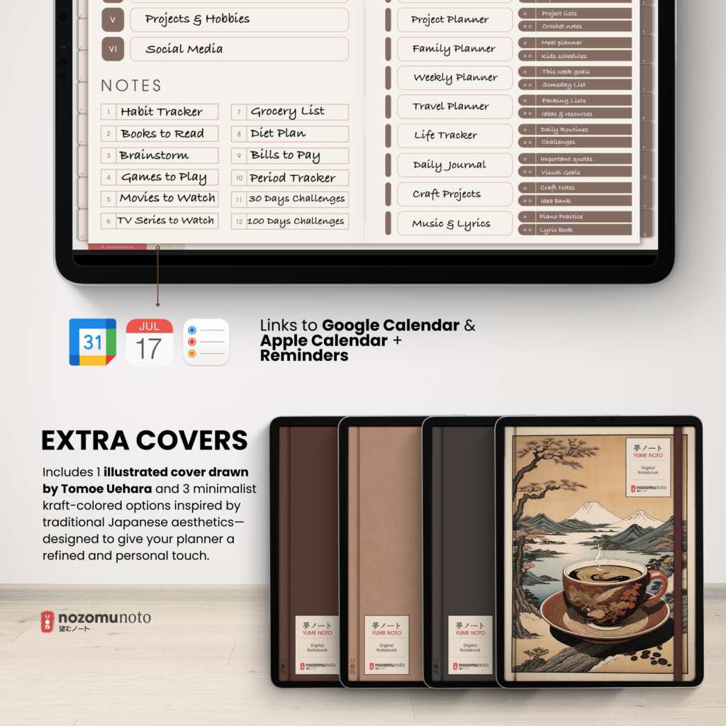 Digital Notebook V2 Landscape Yume Noto NozomuNoto Japanese Multipurpose Minimalist ADHD Bullet Journal Hyperlinked PDF Goodnotes Notability Android Tablet iPad Student Study Teacher Travel Cornell Grid Lines Dotted Template Noteshelf Samsung Xodo