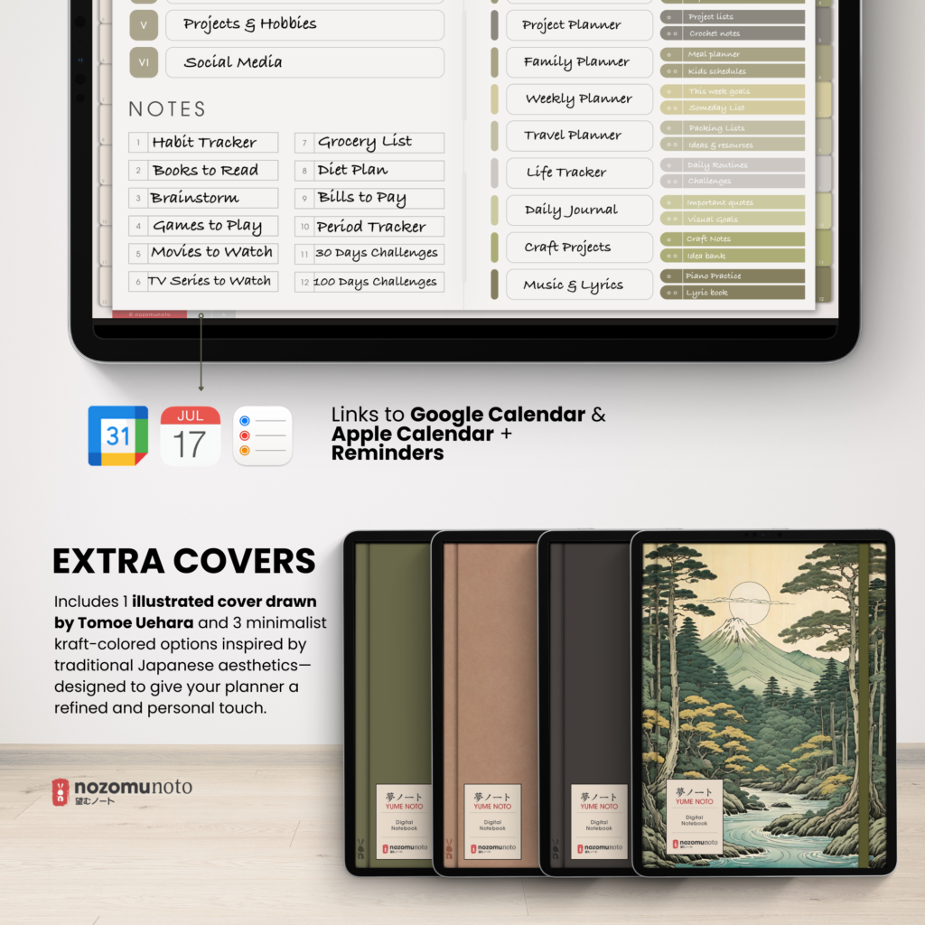 Digital Notebook V2 Landscape Yume Noto NozomuNoto Japanese Multipurpose Minimalist ADHD Bullet Journal Hyperlinked PDF Goodnotes Notability Android Tablet iPad Student Study Teacher Travel Cornell Grid Lines Dotted Template Noteshelf Samsung Xodo