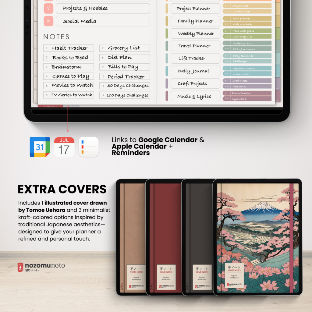 Digital Notebook V2 Landscape Yume Noto NozomuNoto Japanese Multipurpose Minimalist ADHD Bullet Journal Hyperlinked PDF Goodnotes Notability Android Tablet iPad Student Study Teacher Travel Cornell Grid Lines Dotted Template Noteshelf Samsung Xodo