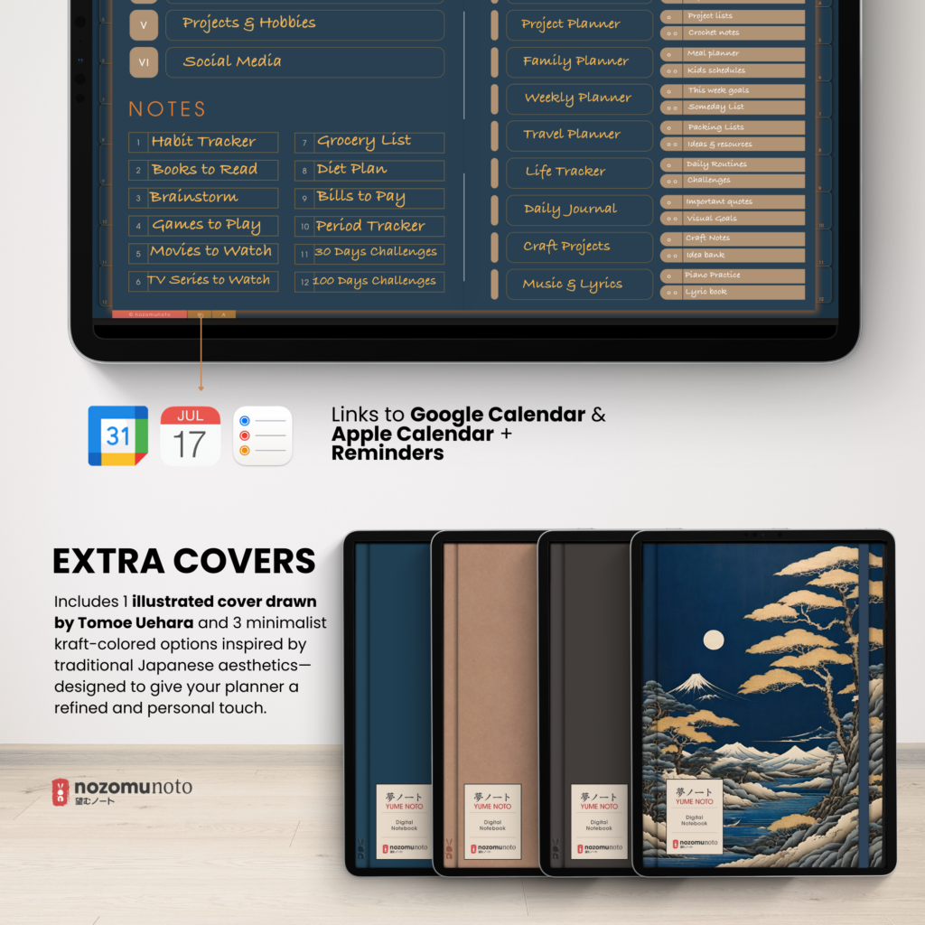 Digital Notebook V2 Landscape Dark Yume Noto NozomuNoto Japanese Multipurpose Minimalist ADHD Bullet Journal Hyperlinked PDF Goodnotes Notability Android Tablet iPad Student Study Teacher Travel Cornell Grid Lines Dotted Template Noteshelf Samsung