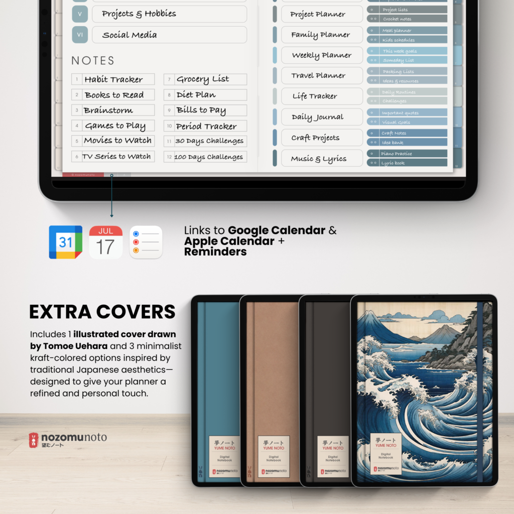 Digital Notebook V2 Landscape Yume Noto NozomuNoto Japanese Multipurpose Minimalist ADHD Bullet Journal Hyperlinked PDF Goodnotes Notability Android Tablet iPad Student Study Teacher Travel Cornell Grid Lines Dotted Template Noteshelf Samsung Xodo
