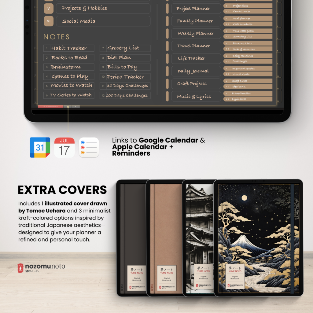 Digital Notebook V2 Landscape Dark Yume Noto NozomuNoto Japanese Multipurpose Minimalist ADHD Bullet Journal Hyperlinked PDF Goodnotes Notability Android Tablet iPad Student Study Teacher Travel Cornell Grid Lines Dotted Template Noteshelf Samsung