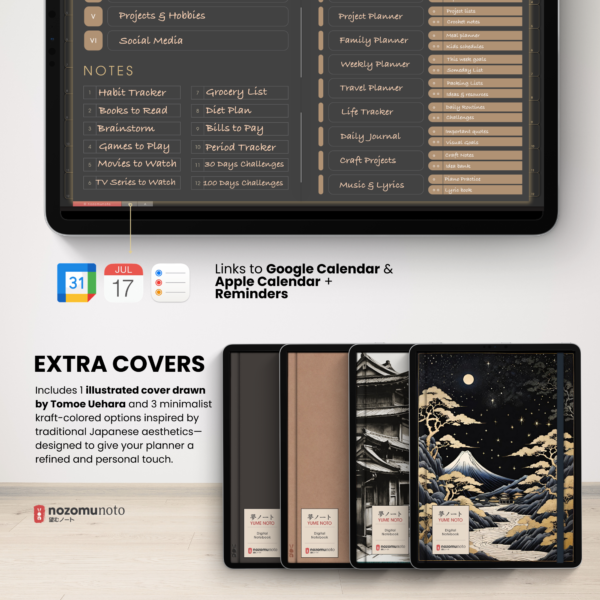 Digital Notebook V2 Landscape Dark Yume Noto NozomuNoto Japanese Multipurpose Minimalist ADHD Bullet Journal Hyperlinked PDF Goodnotes Notability Android Tablet iPad Student Study Teacher Travel Cornell Grid Lines Dotted Template Noteshelf Samsung