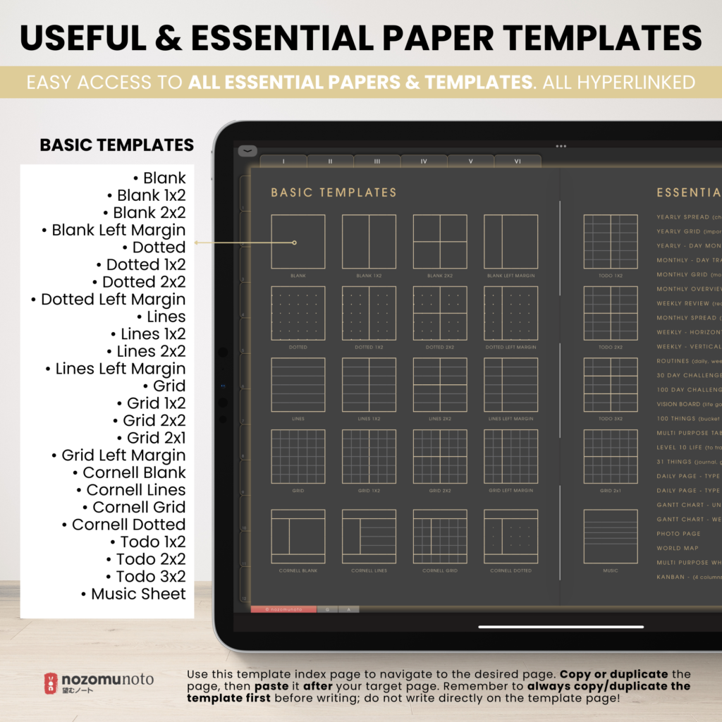 Digital Notebook V2 Landscape Dark Yume Noto NozomuNoto Japanese Multipurpose Minimalist ADHD Bullet Journal Hyperlinked PDF Goodnotes Notability Android Tablet iPad Student Study Teacher Travel Cornell Grid Lines Dotted Template Noteshelf Samsung