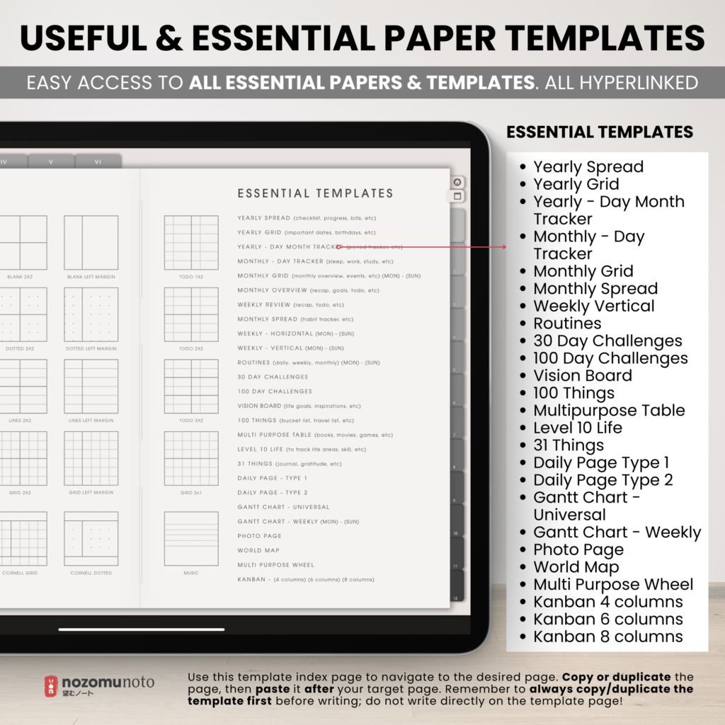 Digital Notebook V2 Landscape Yume Noto NozomuNoto Japanese Multipurpose Minimalist ADHD Bullet Journal Hyperlinked PDF Goodnotes Notability Android Tablet iPad Student Study Teacher Travel Cornell Grid Lines Dotted Template Noteshelf Samsung Xodo