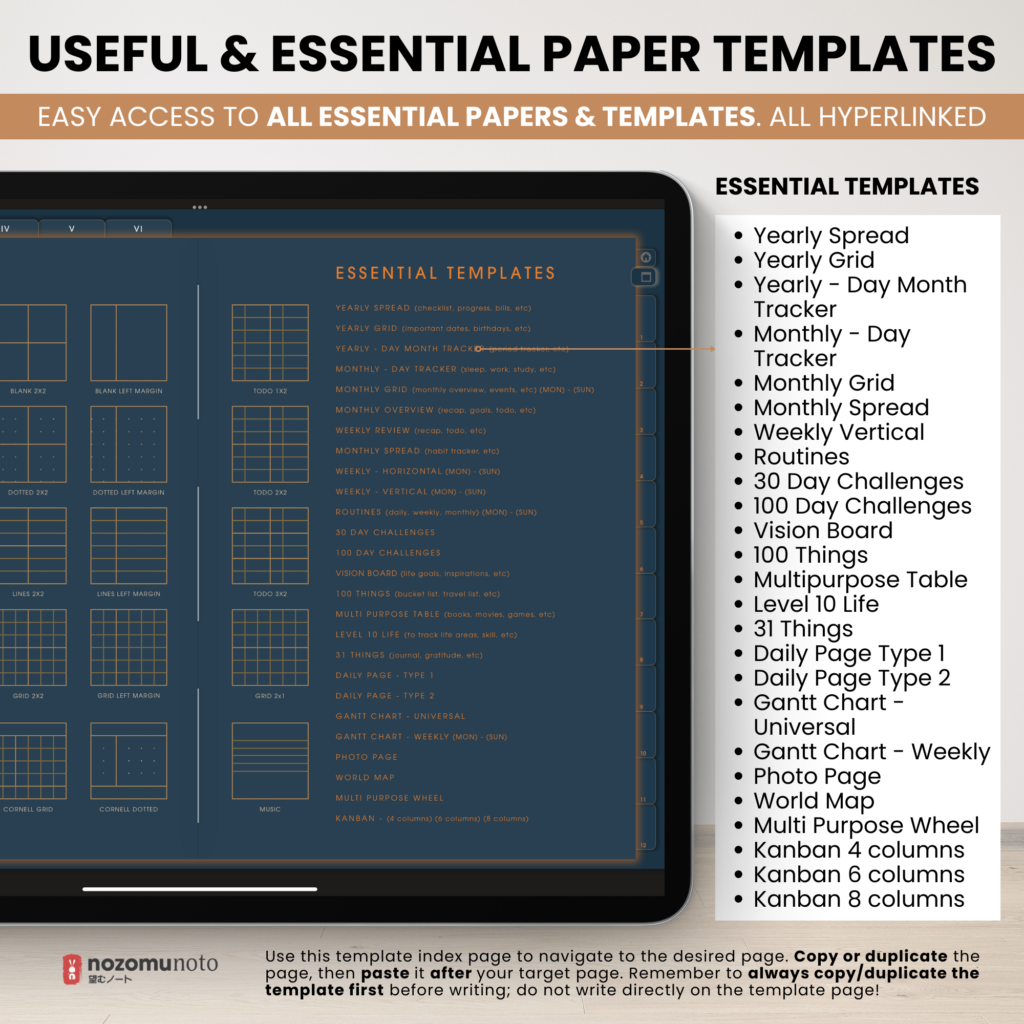 Digital Notebook V2 Landscape Dark Yume Noto NozomuNoto Japanese Multipurpose Minimalist ADHD Bullet Journal Hyperlinked PDF Goodnotes Notability Android Tablet iPad Student Study Teacher Travel Cornell Grid Lines Dotted Template Noteshelf Samsung