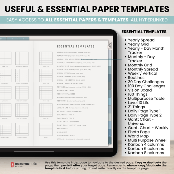 Digital Notebook V2 Landscape Yume Noto NozomuNoto Japanese Multipurpose Minimalist ADHD Bullet Journal Hyperlinked PDF Goodnotes Notability Android Tablet iPad Student Study Teacher Travel Cornell Grid Lines Dotted Template Noteshelf Samsung Xodo