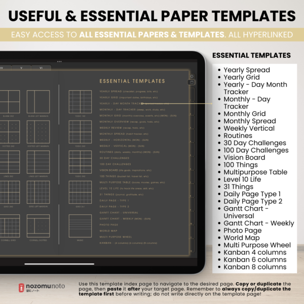 Digital Notebook V2 Landscape Dark Yume Noto NozomuNoto Japanese Multipurpose Minimalist ADHD Bullet Journal Hyperlinked PDF Goodnotes Notability Android Tablet iPad Student Study Teacher Travel Cornell Grid Lines Dotted Template Noteshelf Samsung