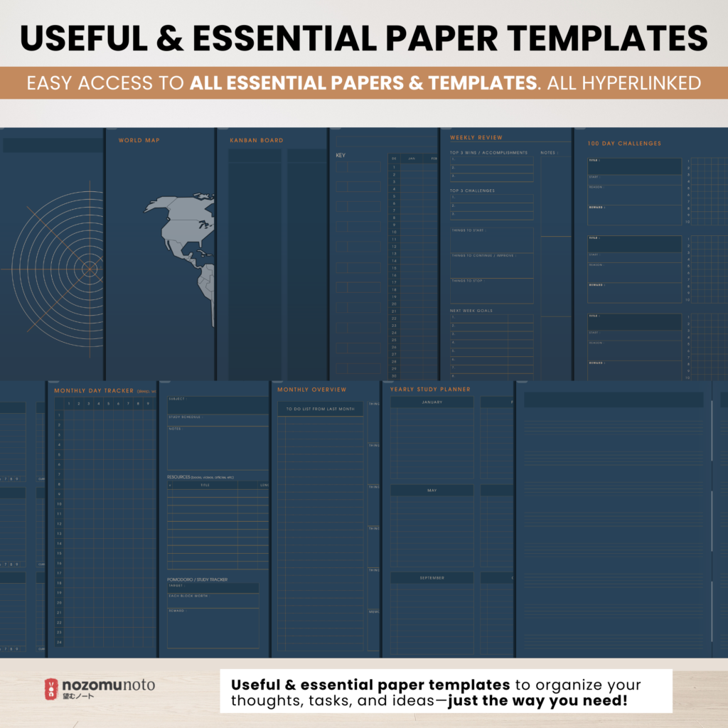 Digital Notebook V2 Landscape Dark Yume Noto NozomuNoto Japanese Multipurpose Minimalist ADHD Bullet Journal Hyperlinked PDF Goodnotes Notability Android Tablet iPad Student Study Teacher Travel Cornell Grid Lines Dotted Template Noteshelf Samsung