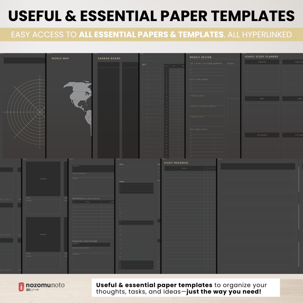 Digital Notebook V2 Landscape Dark Yume Noto NozomuNoto Japanese Multipurpose Minimalist ADHD Bullet Journal Hyperlinked PDF Goodnotes Notability Android Tablet iPad Student Study Teacher Travel Cornell Grid Lines Dotted Template Noteshelf Samsung