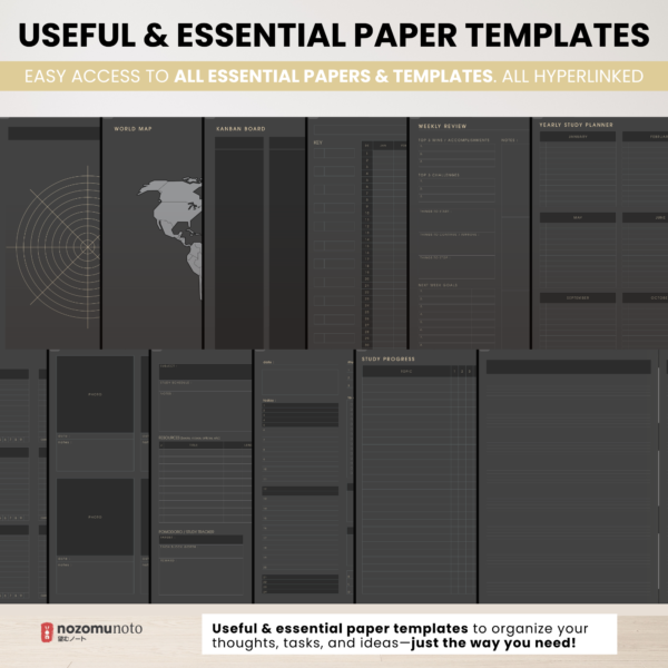 Digital Notebook V2 Landscape Dark Yume Noto NozomuNoto Japanese Multipurpose Minimalist ADHD Bullet Journal Hyperlinked PDF Goodnotes Notability Android Tablet iPad Student Study Teacher Travel Cornell Grid Lines Dotted Template Noteshelf Samsung