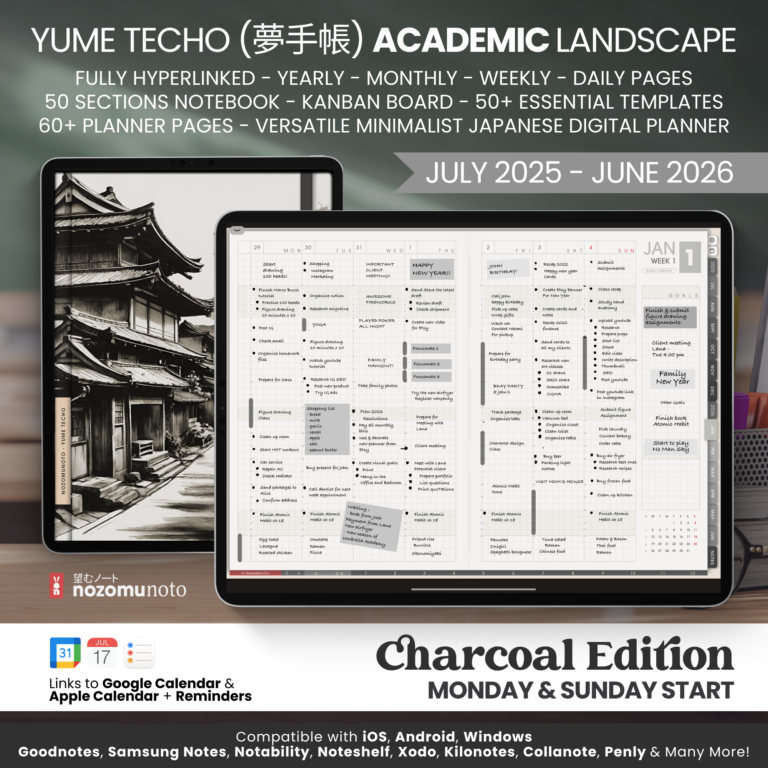 Dated Academic 2025 2026 Digital Planner Yume Techo NozomuNoto Notebook Daily Weekly Monthly Calendar Japanese Multipurpose Minimalist ADHD Bullet Journal Hyperlinked PDF Goodnotes Notability Landscape Android iPad Student Noteshelf Samsung Hobonichi Noteful Penly Kilonotes Collanote Zoomnotes