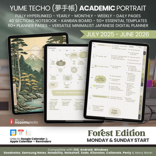 Dated Academic 2025 2026 Digital Planner Yume Techo NozomuNoto Notebook Daily Weekly Monthly Calendar Japanese Multipurpose Minimalist ADHD Bullet Journal Hyperlinked PDF Goodnotes Notability Portrait Android iPad Student Noteshelf Samsung Notes Hobonichi Noteful Penly Kilonotes Collanote Zoomnotes Samsung Notes Xodo