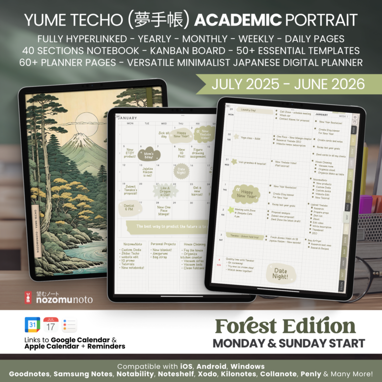 Dated Academic 2025 2026 Digital Planner Yume Techo NozomuNoto Notebook Daily Weekly Monthly Calendar Japanese Multipurpose Minimalist ADHD Bullet Journal Hyperlinked PDF Goodnotes Notability Portrait Android iPad Student Noteshelf Samsung Notes Hobonichi Noteful Penly Kilonotes Collanote Zoomnotes Samsung Notes Xodo
