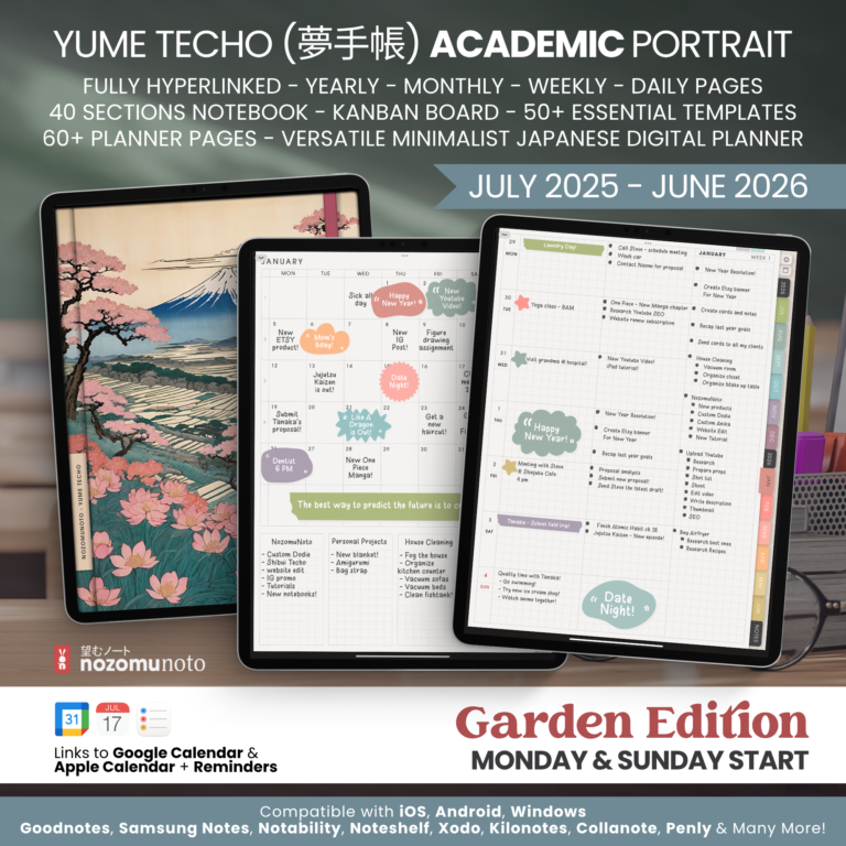 Dated Academic 2025 2026 Digital Planner Yume Techo NozomuNoto Notebook Daily Weekly Monthly Calendar Japanese Multipurpose Minimalist ADHD Bullet Journal Hyperlinked PDF Goodnotes Notability Portrait Android iPad Student Noteshelf Samsung Notes Hobonichi Noteful Penly Kilonotes Collanote Zoomnotes Samsung Notes Xodo