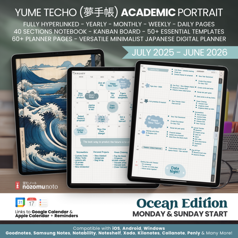Dated Academic 2025 2026 Digital Planner Yume Techo NozomuNoto Notebook Daily Weekly Monthly Calendar Japanese Multipurpose Minimalist ADHD Bullet Journal Hyperlinked PDF Goodnotes Notability Portrait Android iPad Student Noteshelf Samsung Notes Hobonichi Noteful Penly Kilonotes Collanote Zoomnotes Samsung Notes Xodo