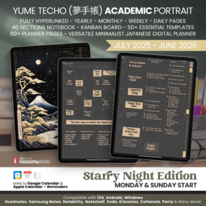 Dated Academic 2025 2026 Digital Planner Yume Techo NozomuNoto Notebook Daily Weekly Monthly Calendar Japanese Multipurpose Minimalist ADHD Bullet Journal Hyperlinked PDF Goodnotes Notability Portrait Android iPad Student Noteshelf Samsung Notes Hobonichi Noteful Penly Kilonotes Collanote Zoomnotes Samsung Notes Xodo