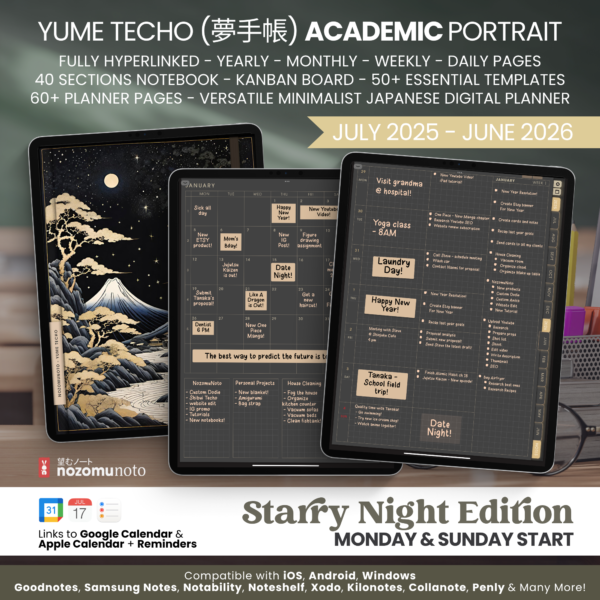 Dated Academic 2025 2026 Digital Planner Yume Techo NozomuNoto Notebook Daily Weekly Monthly Calendar Japanese Multipurpose Minimalist ADHD Bullet Journal Hyperlinked PDF Goodnotes Notability Portrait Android iPad Student Noteshelf Samsung Notes Hobonichi Noteful Penly Kilonotes Collanote Zoomnotes Samsung Notes Xodo