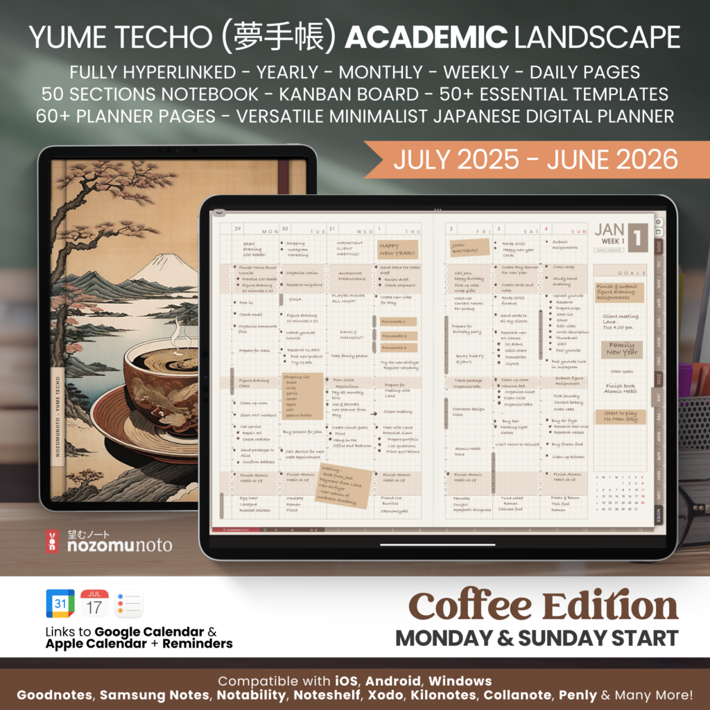 Dated Academic 2025 2026 Digital Planner Yume Techo NozomuNoto Notebook Daily Weekly Monthly Calendar Japanese Multipurpose Minimalist ADHD Bullet Journal Hyperlinked PDF Goodnotes Notability Landscape Android iPad Student Noteshelf Samsung Hobonichi Noteful Penly Kilonotes Collanote Zoomnotes