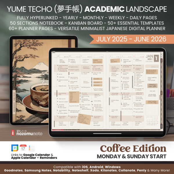Dated Academic 2025 2026 Digital Planner Yume Techo NozomuNoto Notebook Daily Weekly Monthly Calendar Japanese Multipurpose Minimalist ADHD Bullet Journal Hyperlinked PDF Goodnotes Notability Landscape Android iPad Student Noteshelf Samsung Hobonichi Noteful Penly Kilonotes Collanote Zoomnotes
