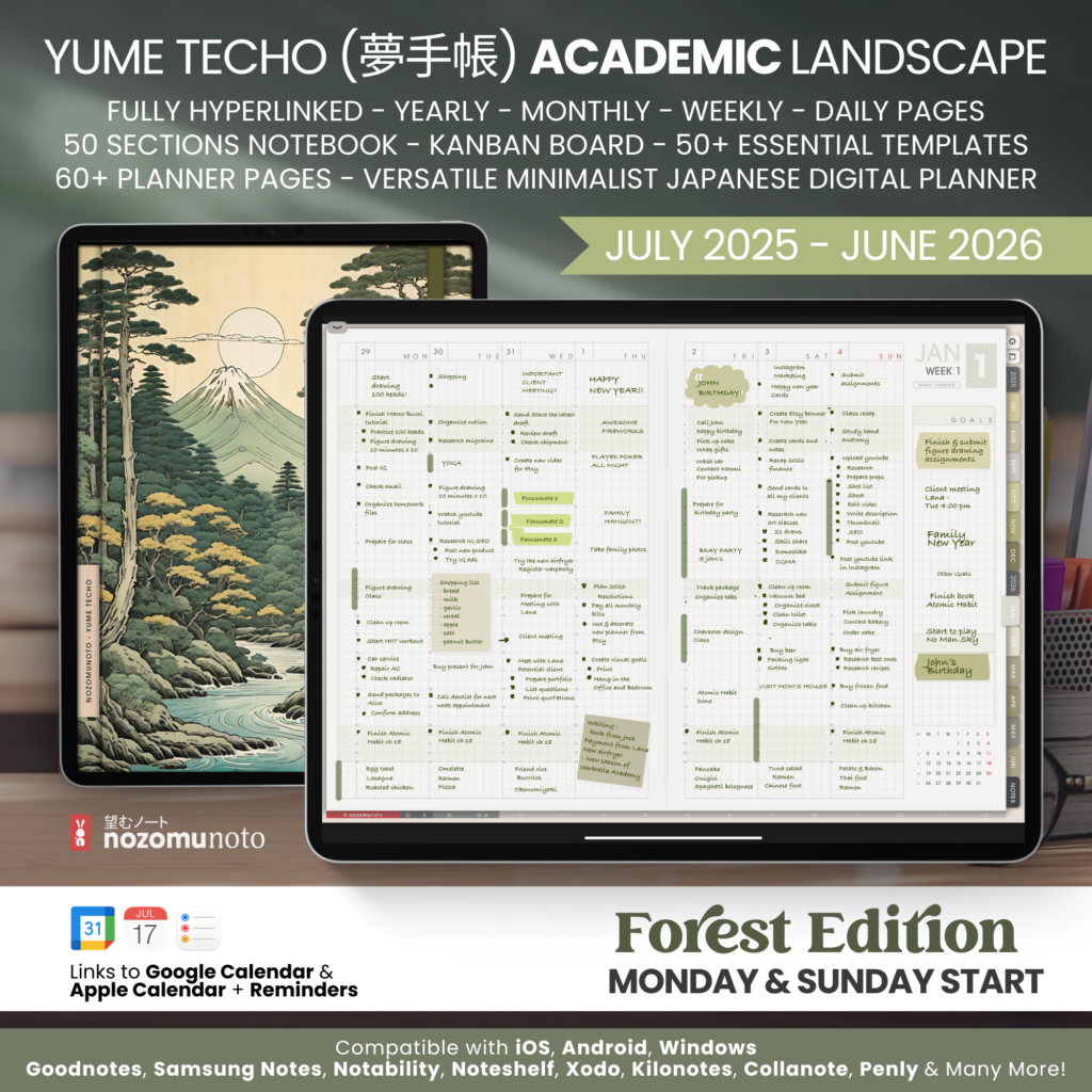 Dated Academic 2025 2026 Digital Planner Yume Techo NozomuNoto Notebook Daily Weekly Monthly Calendar Japanese Multipurpose Minimalist ADHD Bullet Journal Hyperlinked PDF Goodnotes Notability Landscape Android iPad Student Noteshelf Samsung Hobonichi Noteful Penly Kilonotes Collanote Zoomnotes