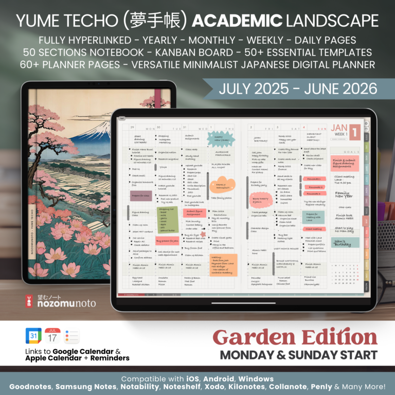 Dated Academic 2025 2026 Digital Planner Yume Techo NozomuNoto Notebook Daily Weekly Monthly Calendar Japanese Multipurpose Minimalist ADHD Bullet Journal Hyperlinked PDF Goodnotes Notability Landscape Android iPad Student Noteshelf Samsung Hobonichi Noteful Penly Kilonotes Collanote Zoomnotes