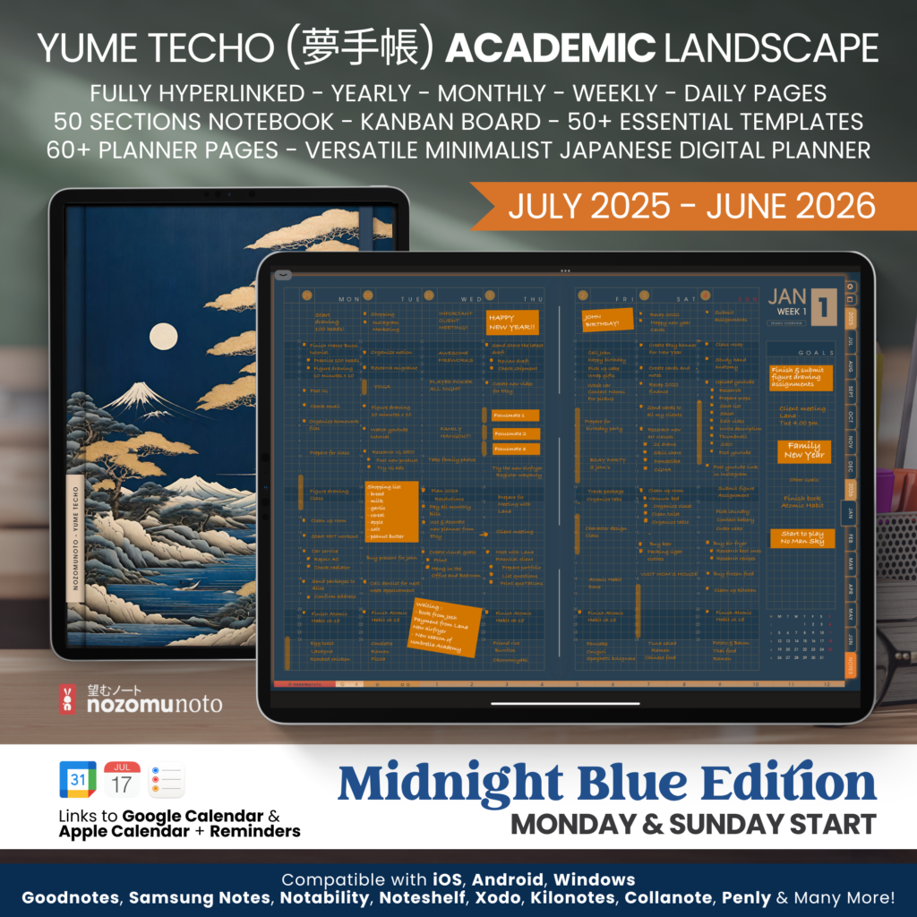 Dated Academic 2025 2026 Digital Planner Yume Techo NozomuNoto Notebook Daily Weekly Monthly Calendar Japanese Multipurpose Minimalist ADHD Bullet Journal Hyperlinked PDF Goodnotes Notability Landscape Android iPad Student Noteshelf Samsung Hobonichi Noteful Penly Kilonotes Collanote Zoomnotes