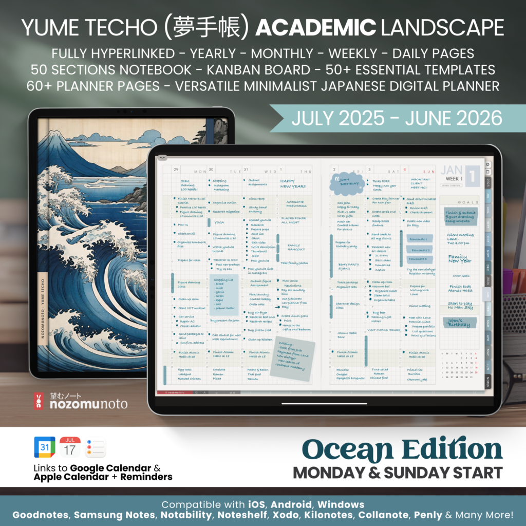 Dated Academic 2025 2026 Digital Planner Yume Techo NozomuNoto Notebook Daily Weekly Monthly Calendar Japanese Multipurpose Minimalist ADHD Bullet Journal Hyperlinked PDF Goodnotes Notability Landscape Android iPad Student Noteshelf Samsung Hobonichi Noteful Penly Kilonotes Collanote Zoomnotes