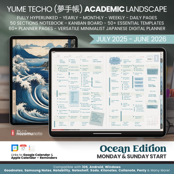 Dated Academic 2025 2026 Digital Planner Yume Techo NozomuNoto Notebook Daily Weekly Monthly Calendar Japanese Multipurpose Minimalist ADHD Bullet Journal Hyperlinked PDF Goodnotes Notability Landscape Android iPad Student Noteshelf Samsung Hobonichi Noteful Penly Kilonotes Collanote Zoomnotes