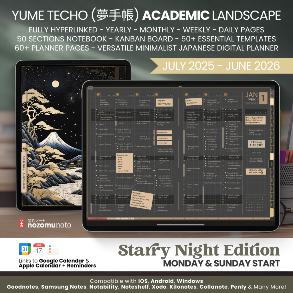 Dated Academic 2025 2026 Digital Planner Yume Techo NozomuNoto Notebook Daily Weekly Monthly Calendar Japanese Multipurpose Minimalist ADHD Bullet Journal Hyperlinked PDF Goodnotes Notability Landscape Android iPad Student Noteshelf Samsung Hobonichi Noteful Penly Kilonotes Collanote Zoomnotes