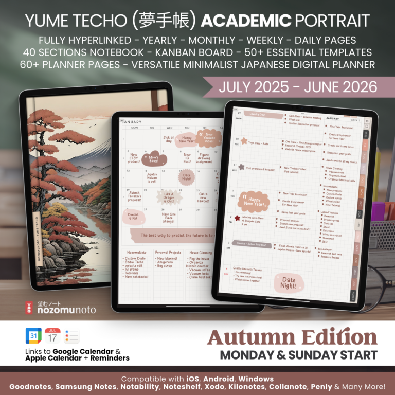 Dated Academic 2025 2026 Digital Planner Yume Techo NozomuNoto Notebook Daily Weekly Monthly Calendar Japanese Multipurpose Minimalist ADHD Bullet Journal Hyperlinked PDF Goodnotes Notability Portrait Android iPad Student Noteshelf Samsung Notes Hobonichi Noteful Penly Kilonotes Collanote Zoomnotes Samsung Notes Xodo