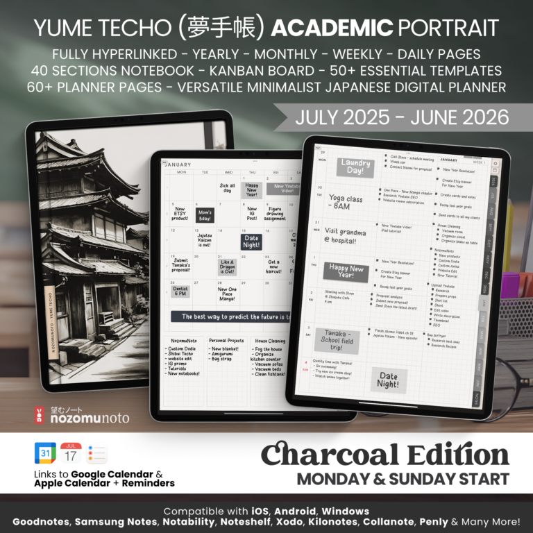 Dated Academic 2025 2026 Digital Planner Yume Techo NozomuNoto Notebook Daily Weekly Monthly Calendar Japanese Multipurpose Minimalist ADHD Bullet Journal Hyperlinked PDF Goodnotes Notability Portrait Android iPad Student Noteshelf Samsung Notes Hobonichi Noteful Penly Kilonotes Collanote Zoomnotes Samsung Notes Xodo