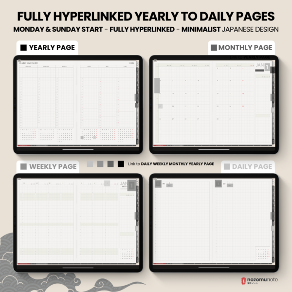 Dated Academic 2025 2026 Digital Planner Yume Techo NozomuNoto Notebook Daily Weekly Monthly Calendar Japanese Multipurpose Minimalist ADHD Bullet Journal Hyperlinked PDF Goodnotes Notability Landscape Android iPad Student Noteshelf Samsung Hobonichi Noteful Penly Kilonotes Collanote Zoomnotes