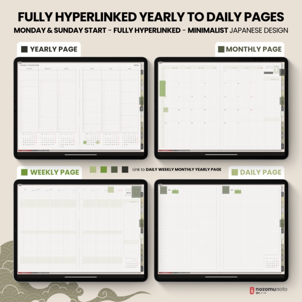Dated Academic 2025 2026 Digital Planner Yume Techo NozomuNoto Notebook Daily Weekly Monthly Calendar Japanese Multipurpose Minimalist ADHD Bullet Journal Hyperlinked PDF Goodnotes Notability Landscape Android iPad Student Noteshelf Samsung Hobonichi Noteful Penly Kilonotes Collanote Zoomnotes