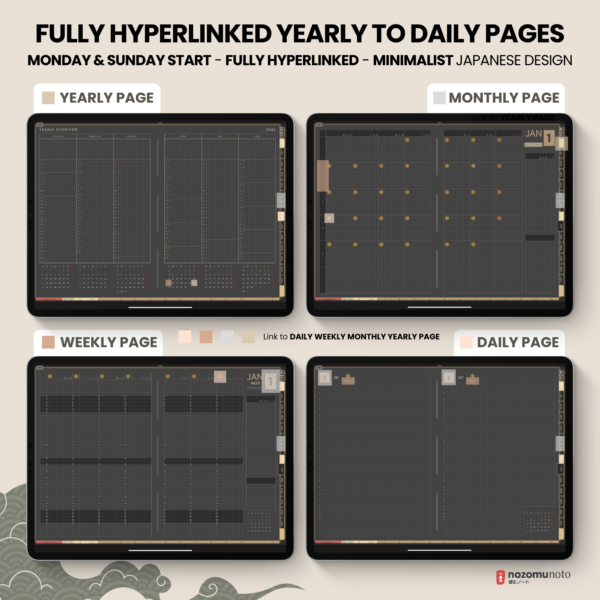 Dated Academic 2025 2026 Digital Planner Yume Techo NozomuNoto Notebook Daily Weekly Monthly Calendar Japanese Multipurpose Minimalist ADHD Bullet Journal Hyperlinked PDF Goodnotes Notability Landscape Android iPad Student Noteshelf Samsung Hobonichi Noteful Penly Kilonotes Collanote Zoomnotes
