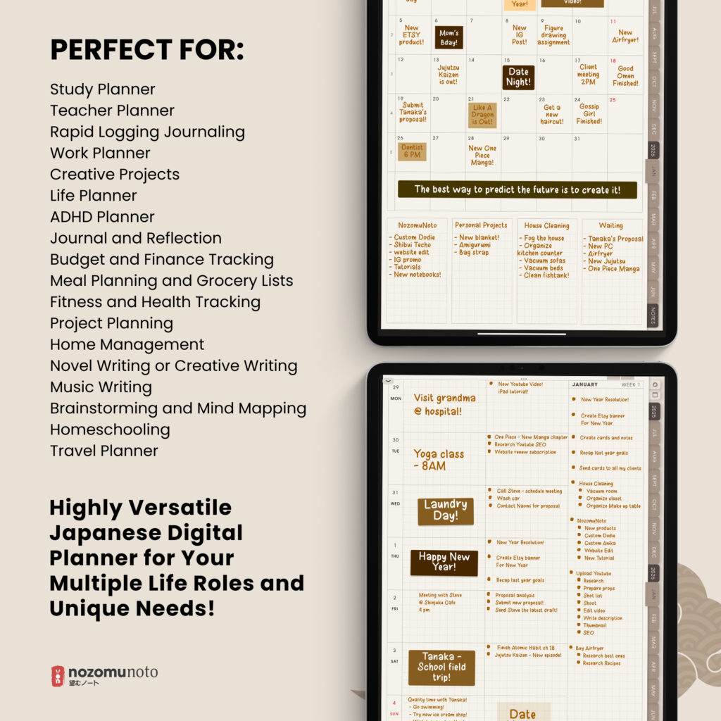Dated Academic 2025 2026 Digital Planner Yume Techo NozomuNoto Notebook Daily Weekly Monthly Calendar Japanese Multipurpose Minimalist ADHD Bullet Journal Hyperlinked PDF Goodnotes Notability Portrait Android iPad Student Noteshelf Samsung Notes Hobonichi Noteful Penly Kilonotes Collanote Zoomnotes Samsung Notes Xodo
