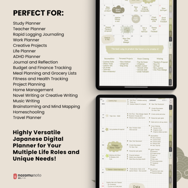 Dated Academic 2025 2026 Digital Planner Yume Techo NozomuNoto Notebook Daily Weekly Monthly Calendar Japanese Multipurpose Minimalist ADHD Bullet Journal Hyperlinked PDF Goodnotes Notability Portrait Android iPad Student Noteshelf Samsung Notes Hobonichi Noteful Penly Kilonotes Collanote Zoomnotes Samsung Notes Xodo