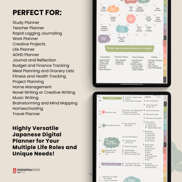 Dated Academic 2025 2026 Digital Planner Yume Techo NozomuNoto Notebook Daily Weekly Monthly Calendar Japanese Multipurpose Minimalist ADHD Bullet Journal Hyperlinked PDF Goodnotes Notability Portrait Android iPad Student Noteshelf Samsung Notes Hobonichi Noteful Penly Kilonotes Collanote Zoomnotes Samsung Notes Xodo