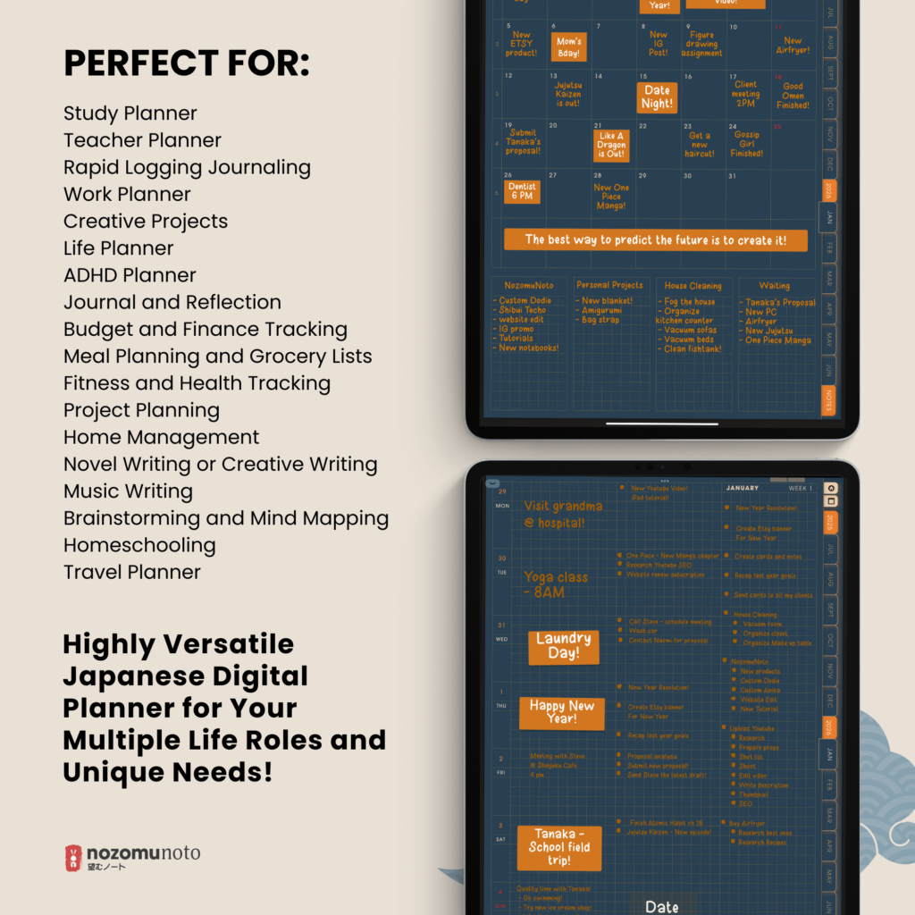 Dated Academic 2025 2026 Digital Planner Yume Techo NozomuNoto Notebook Daily Weekly Monthly Calendar Japanese Multipurpose Minimalist ADHD Bullet Journal Hyperlinked PDF Goodnotes Notability Portrait Android iPad Student Noteshelf Samsung Notes Hobonichi Noteful Penly Kilonotes Collanote Zoomnotes Samsung Notes Xodo