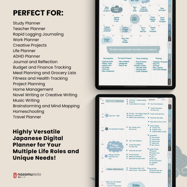 Dated Academic 2025 2026 Digital Planner Yume Techo NozomuNoto Notebook Daily Weekly Monthly Calendar Japanese Multipurpose Minimalist ADHD Bullet Journal Hyperlinked PDF Goodnotes Notability Portrait Android iPad Student Noteshelf Samsung Notes Hobonichi Noteful Penly Kilonotes Collanote Zoomnotes Samsung Notes Xodo