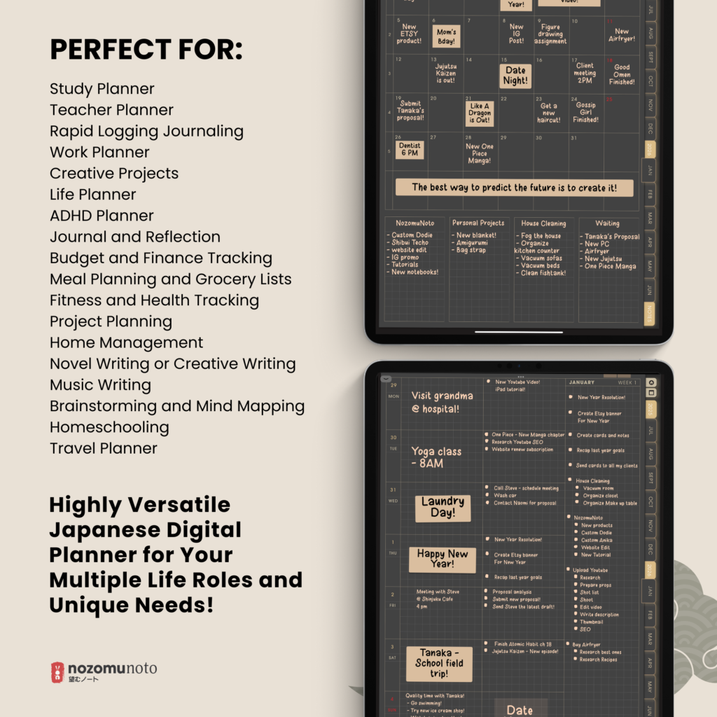 Dated Academic 2025 2026 Digital Planner Yume Techo NozomuNoto Notebook Daily Weekly Monthly Calendar Japanese Multipurpose Minimalist ADHD Bullet Journal Hyperlinked PDF Goodnotes Notability Portrait Android iPad Student Noteshelf Samsung Notes Hobonichi Noteful Penly Kilonotes Collanote Zoomnotes Samsung Notes Xodo