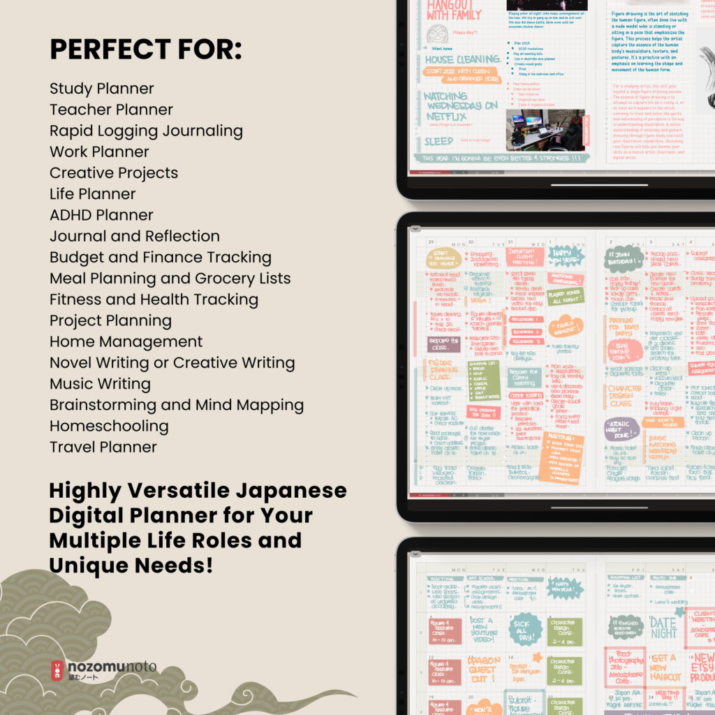Dated Academic 2025 2026 Digital Planner Yume Techo NozomuNoto Notebook Daily Weekly Monthly Calendar Japanese Multipurpose Minimalist ADHD Bullet Journal Hyperlinked PDF Goodnotes Notability Landscape Android iPad Student Noteshelf Samsung Hobonichi Noteful Penly Kilonotes Collanote Zoomnotes