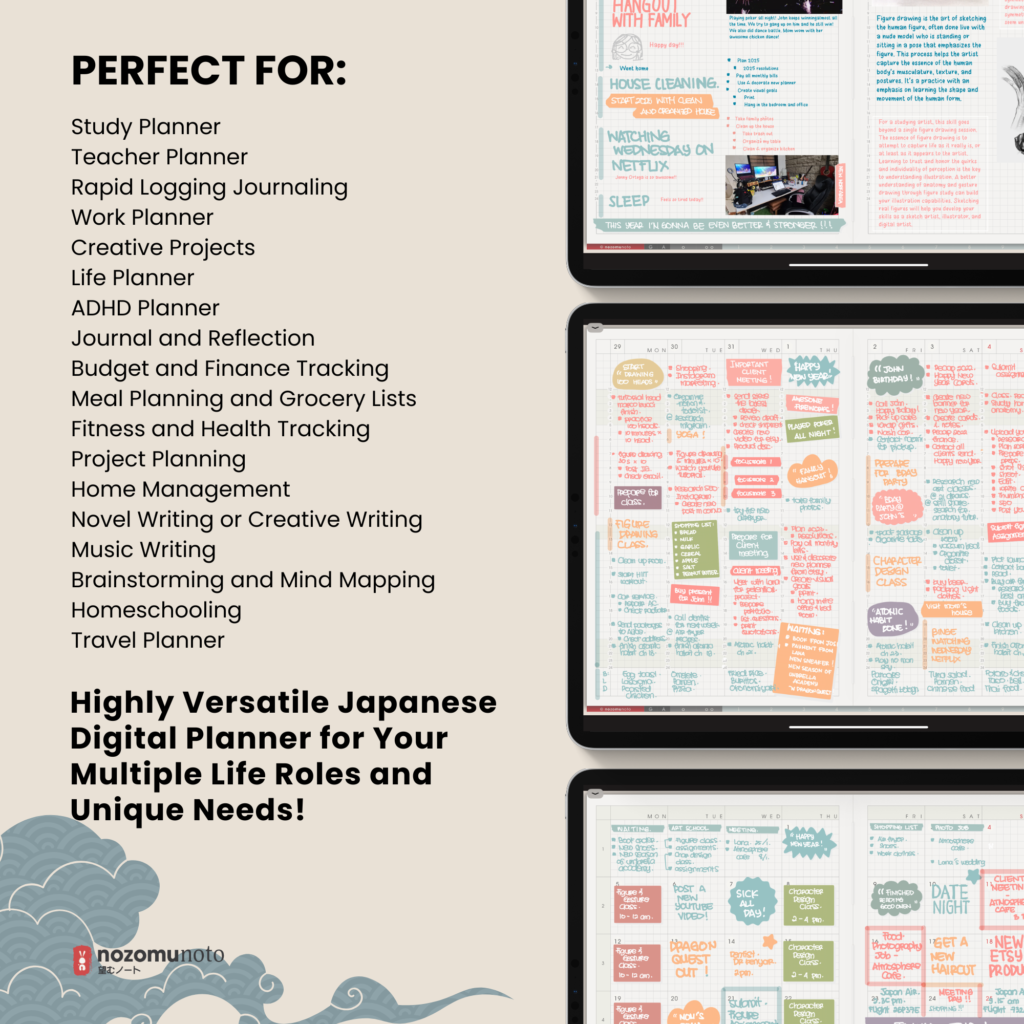 Dated Academic 2025 2026 Digital Planner Yume Techo NozomuNoto Notebook Daily Weekly Monthly Calendar Japanese Multipurpose Minimalist ADHD Bullet Journal Hyperlinked PDF Goodnotes Notability Landscape Android iPad Student Noteshelf Samsung Hobonichi Noteful Penly Kilonotes Collanote Zoomnotes